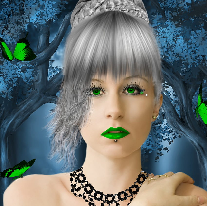 ✫Green Eyed Widow✫, colorful, eyed, emotional, plants, colors, necklace, digital art, butterflies, lashes, animals, bright, trees, lips, female, gorgeous, beautiful, people, dark, pretty, manipulation, green, cool, face, models, girls, women, lovely, hair HD wallpaper