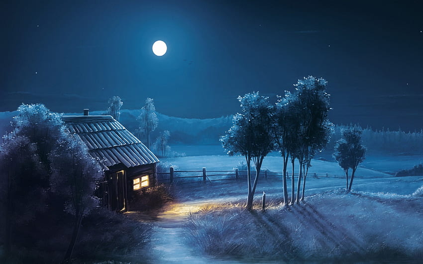 Biru Malam, malam, pemandangan, purnama, bulan, alam Wallpaper HD
