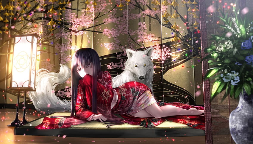 Kaguya, perro, japonés, kimono, japón, niña, oriental, anime, touhou, juego, manga fondo de pantalla