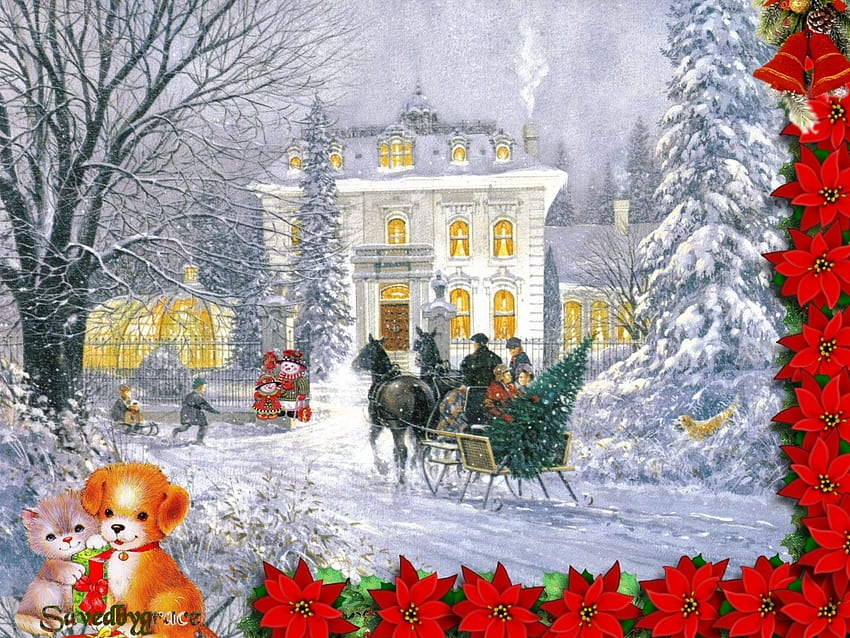 家に帰る、冬、休日、雪、クリスマス、ツリー 高画質の壁紙