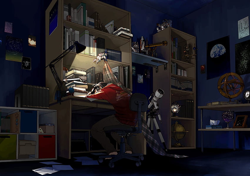 Studiere die Sterne - Anime Boy im Schlafzimmer HD-Hintergrundbild