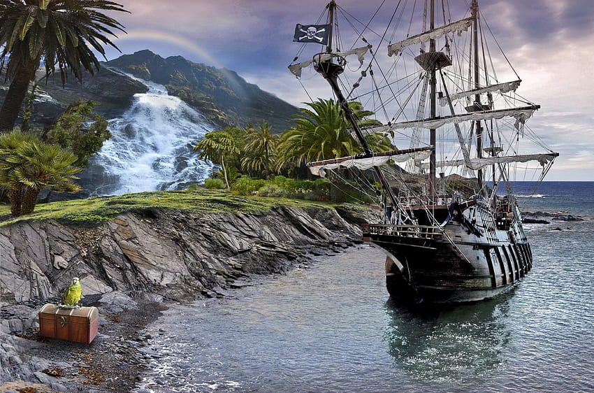 Sea ship rocks chest parrot pirate waterfall fantasy, Pirate Island HD wallpaper
