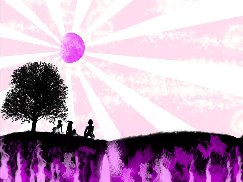 Seducción rosa y púrpura, amantes, árbol, montaña, abstracto, rayos de sol, púrpura, rosa, vector fondo de pantalla