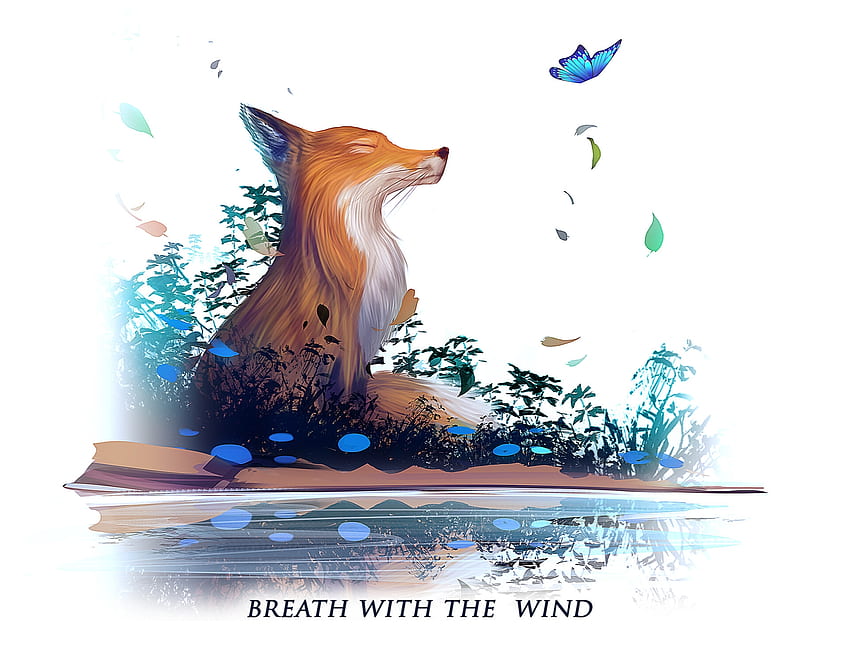 Breath with the wind, butterfly, fox, art, andre boulard, fantasy, vulpe HD wallpaper