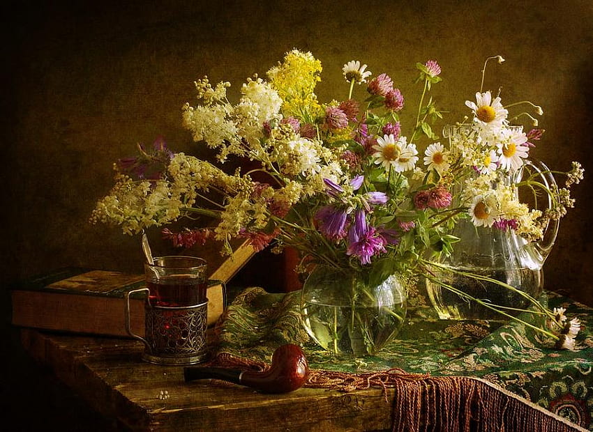 A Touch Wild, wooden, goblet, floral, colours, spring, wild, runner, books, bouquets, vases, pitcher, glass, water, table, pipe, country, fresh, pretty, flowers, cut, wine HD wallpaper