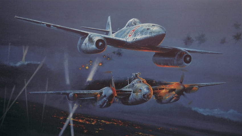 opere d'arte, aereo, militare, seconda guerra mondiale, Messerschmitt Me 262, De Havilland DH98 Mosquito / e mobile Sfondo HD