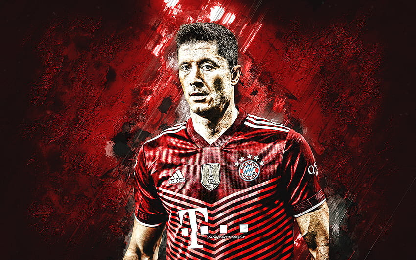 Robert Lewandowski, portrait, FC Bayern Munich, Bundesliga, Germany, grunge art, football, Lewandowski Bayern Munich, red stone background HD wallpaper