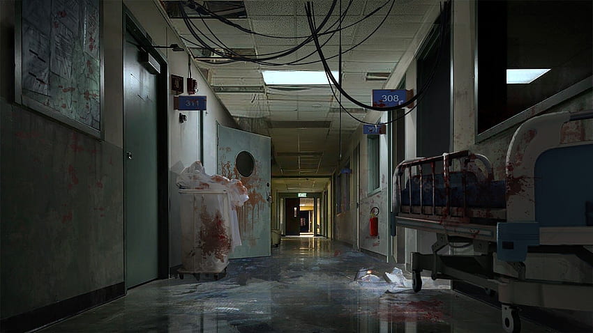 Hospital abandonado por yan MengEste es un corredor de hospital abandonado. Tal vez hubo alguna pelea. Hospital abandonado, Arte postapocalíptico, Apocalipsis estético fondo de pantalla