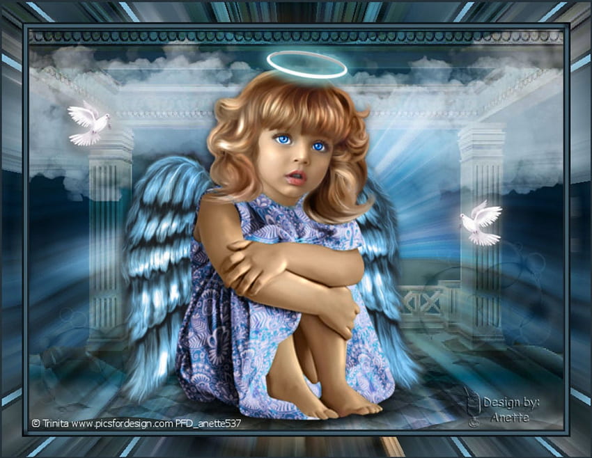 LIL ANGEL, DOVES, WINGS, CHILD, HALO, BIRDS, FEMALE, ANGEL, BLUE HD wallpaper