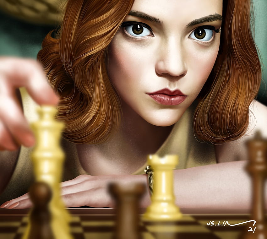 Anya Taylor-Joy in Queen's Gambit, face, girl, jinsung lim, redhead, actress, queens gambit, art, anya taylor joy, fantasy, portrait, chess HD wallpaper