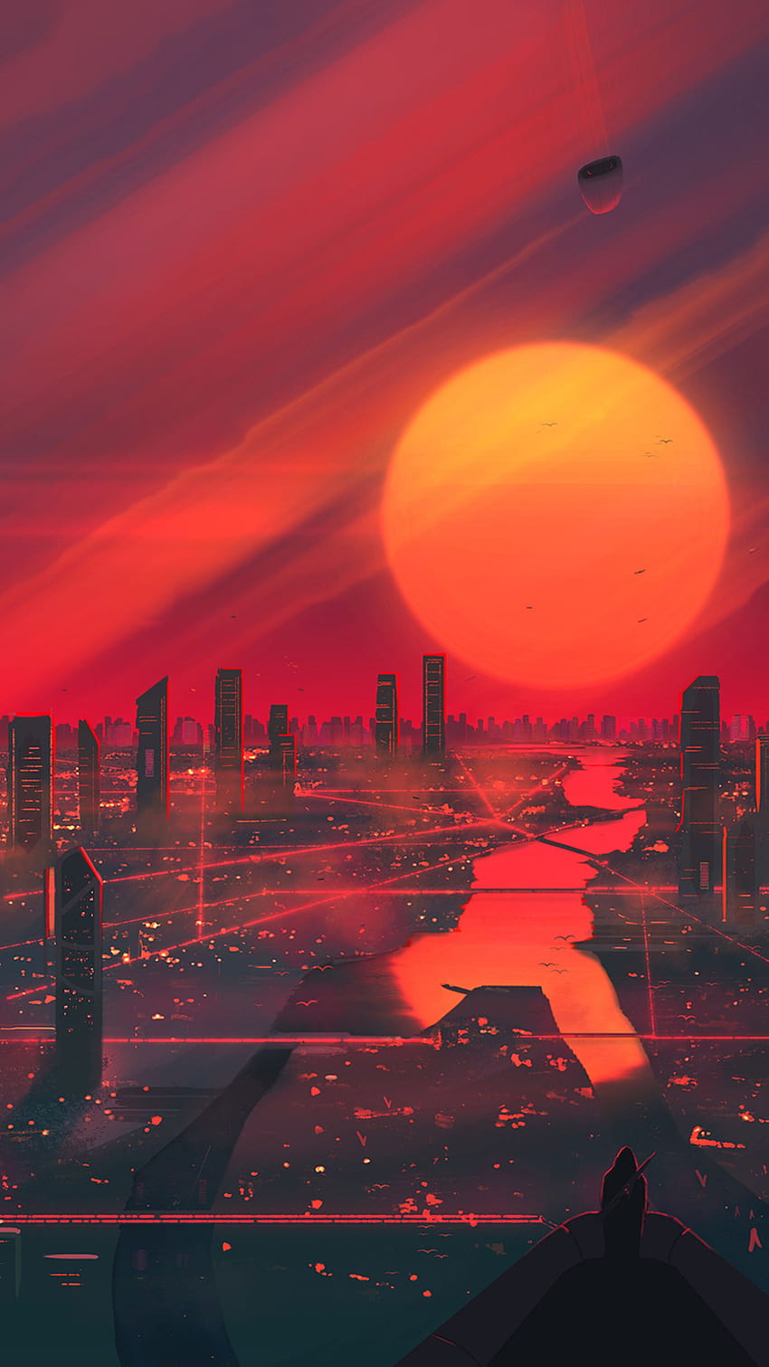 Sci-Fi, Stadt, Sonnenuntergang, Digitale Kunst, Illustration, Telefon, , Hintergrund und , Sonnenuntergang in der Stadt HD-Handy-Hintergrundbild