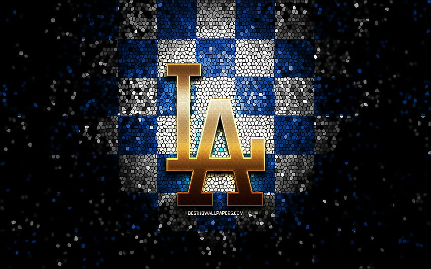 ロサンゼルス ドジャースのエンブレム、キラキラのロゴ、MLB、青白の市松模様の背景、アメリカの野球チーム、メジャー リーグ ベースボール、モザイク アート、野球、ロサンゼルス ドジャース、LA ドジャース 高画質の壁紙