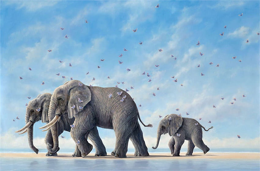 elefantes, arte, robert bissell, azul, pintura, pictura fondo de pantalla