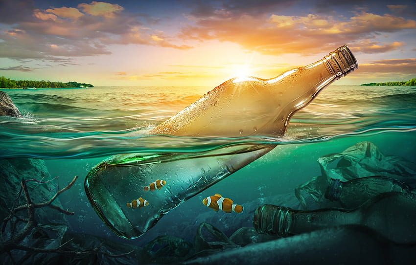 море, риба, боклук, океан, бутилка, замърсяване, море HD тапет