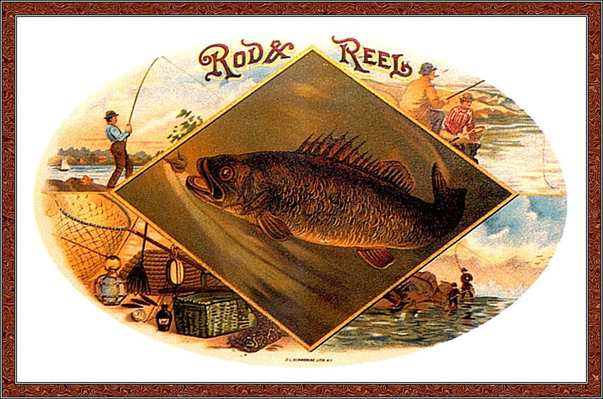 Rod & Reel, animale, altro, pesce, acqua, scatola di sigari, arte popolare Sfondo HD