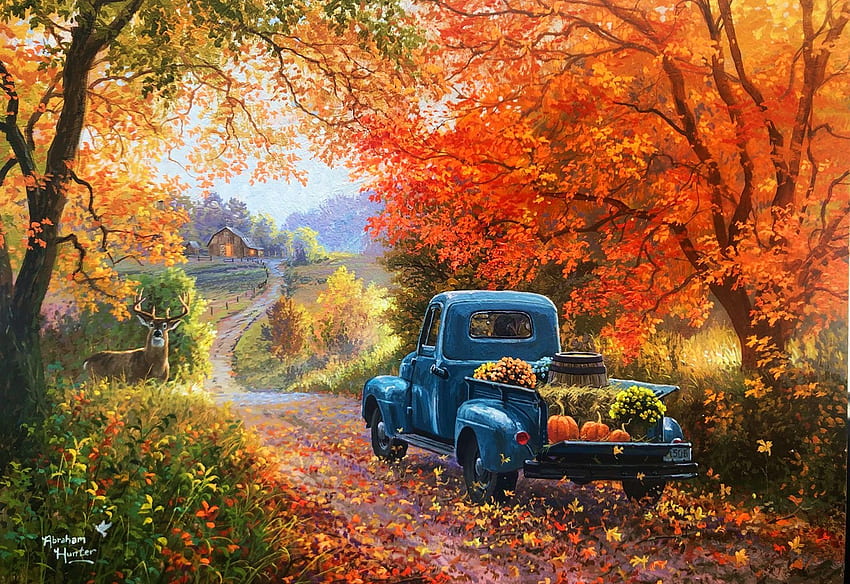 En bas d'une route de campagne, œuvres d'art, citrouilles, peinture, arbres, automne, route, camion Fond d'écran HD