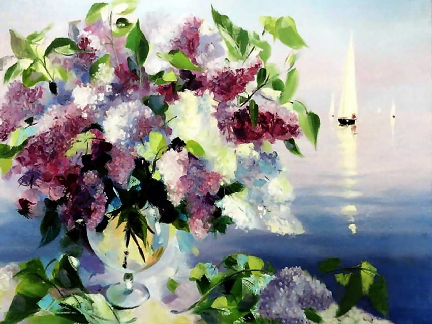 Shades of Lilac, art, floral, lilacs, romance, sailboat, beauty, lake, artwork, painting, flower, love, water, ocean HD wallpaper