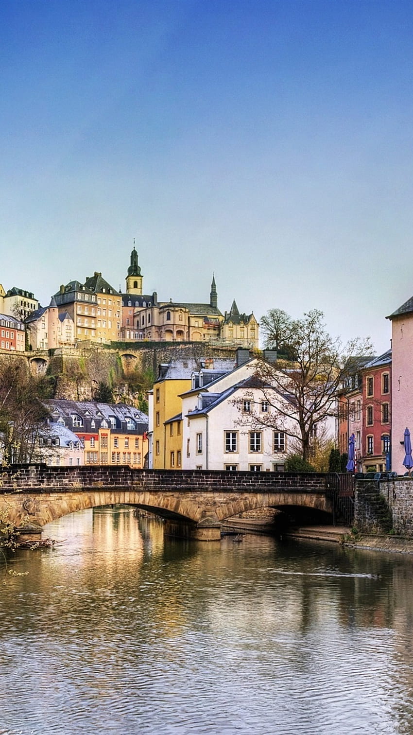 Люксембург, къщи, мост, река, дървета HD тапет за телефон