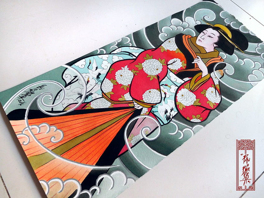 Geisha-Kunst von Paulo Barbosa - Ariuken Art auf Facebook. Flash für jp, japanisches Tattoo-Design HD-Hintergrundbild