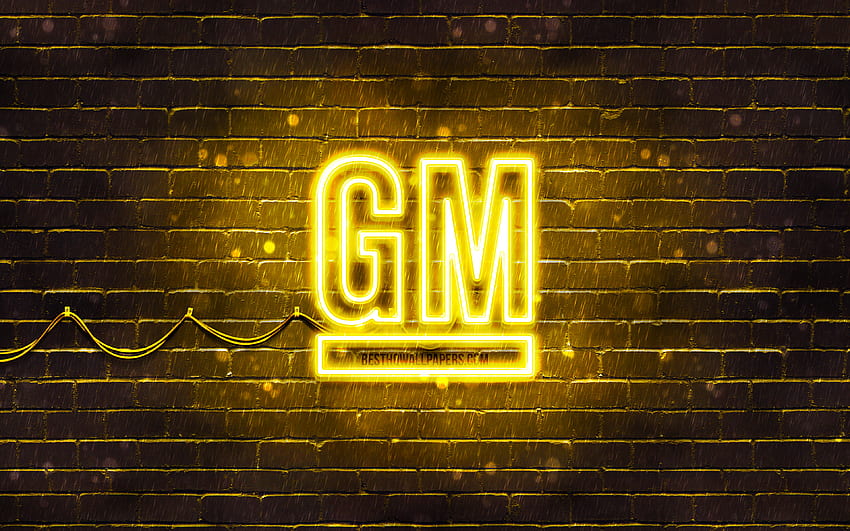 General Motors yellow logo, , yellow brickwall, General Motors logo, cars brands, General Motors neon logo, General Motors HD wallpaper