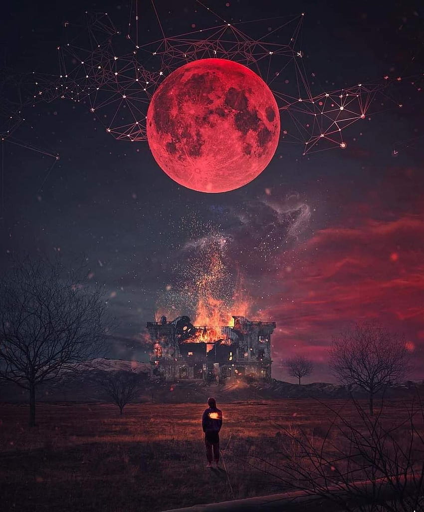 Red moon, atmosphere, sky, castle HD phone wallpaper