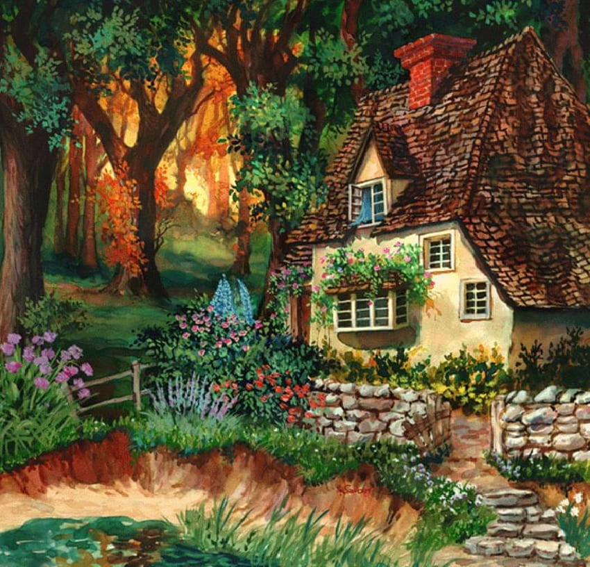 Little Cottage in the Woods, janela saliente, janelas, Madeiras, passos, fofa, grama, Chão, trilha, parede de pedra, cobertura, cerca, chaminé, Árvores, Flores, chalé papel de parede HD