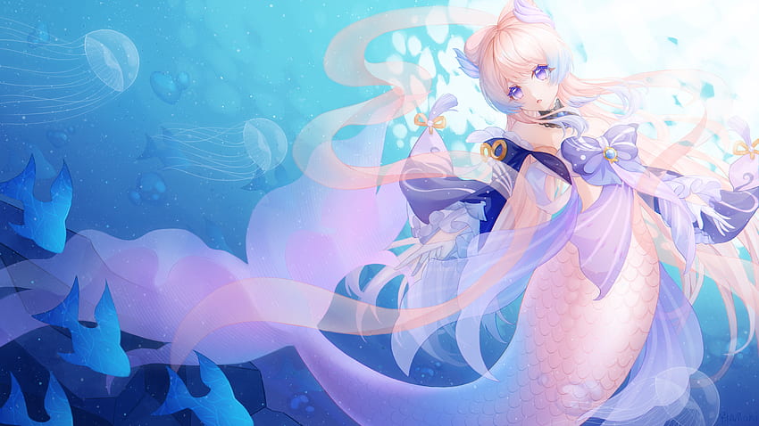 Monster girl long hair anime mermaids Genshin Impact purple eyes  fish underwater Nalukikiki blonde anime girls