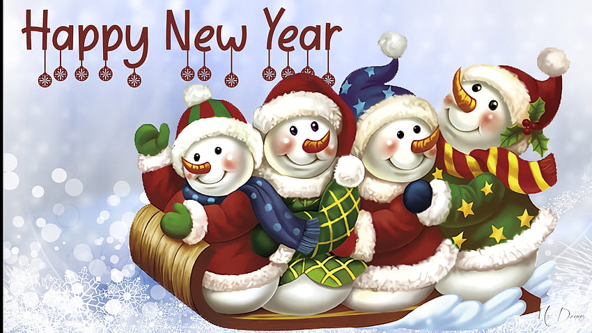 New Year Snowmen, holiday, New Year, toboggan, snow, snowmen, happy, 2022, sled, christmas HD wallpaper
