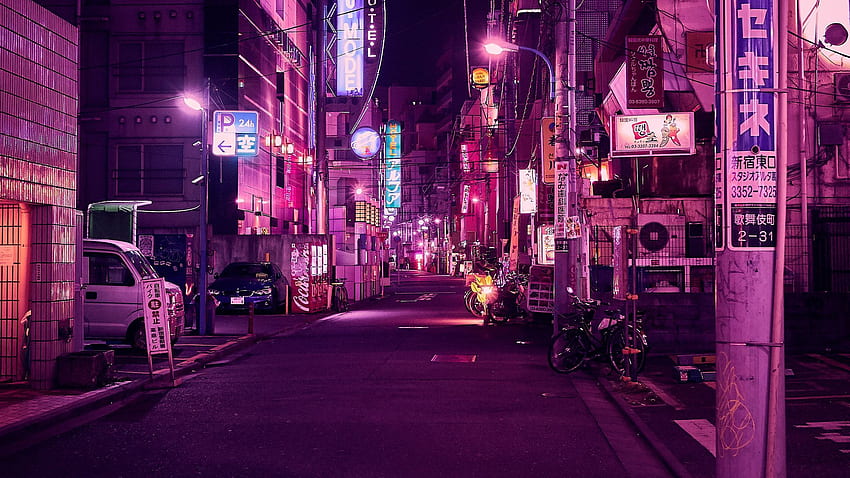 улица, неон, нощен град, подсветка, лилаво, фон на ултраширокия монитор в Токио, Night City Aesthetic HD тапет