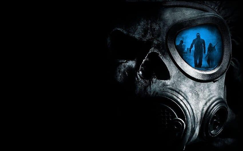 horror czaszki maski przeciwgazowe odbicia. Maska gazowa, czaszka horroru, tatuaż z maską gazową, niebieska maska ​​gazowa Tapeta HD
