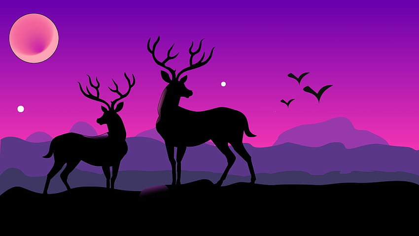 Stags by Bal Uy, fantasy, moon, deer, bal uy, baluy, night, blue, purple, pink, vector, silhouette HD wallpaper