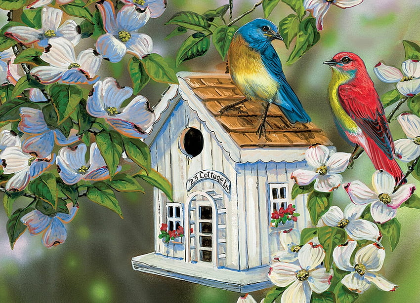Spring, painting, bird, art, pictura, flower, house, pasari HD wallpaper