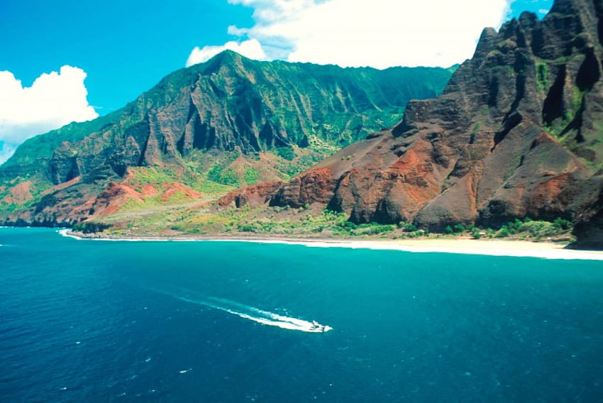 Turquoise Coast, laut, hijau, Kauai, pegunungan, pulau Wallpaper HD
