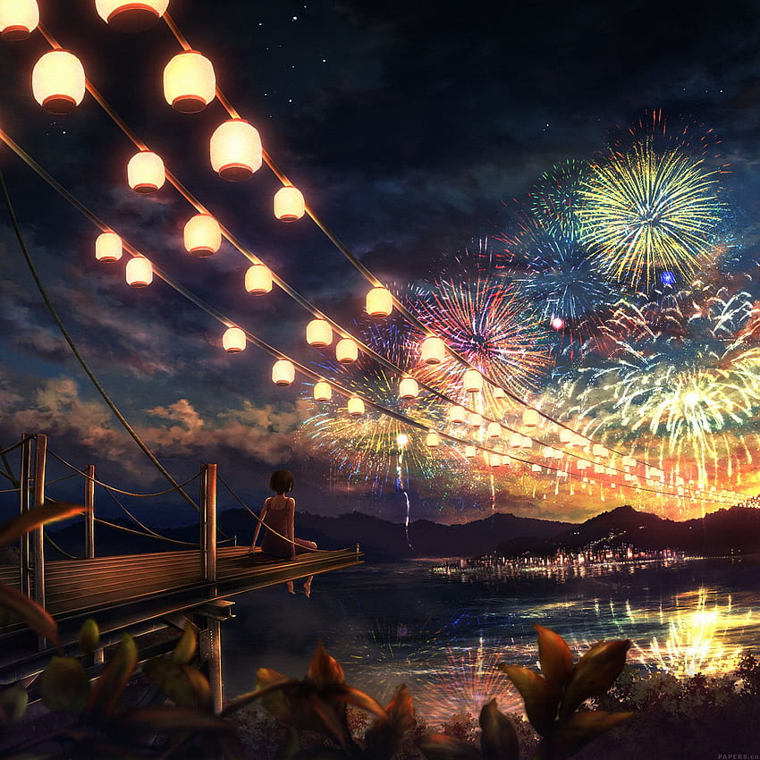 Firework Girl Dark Night Anime Art Illust อะนิเมะสวัสดีปีใหม่ วอลล์เปเปอร์โทรศัพท์ HD