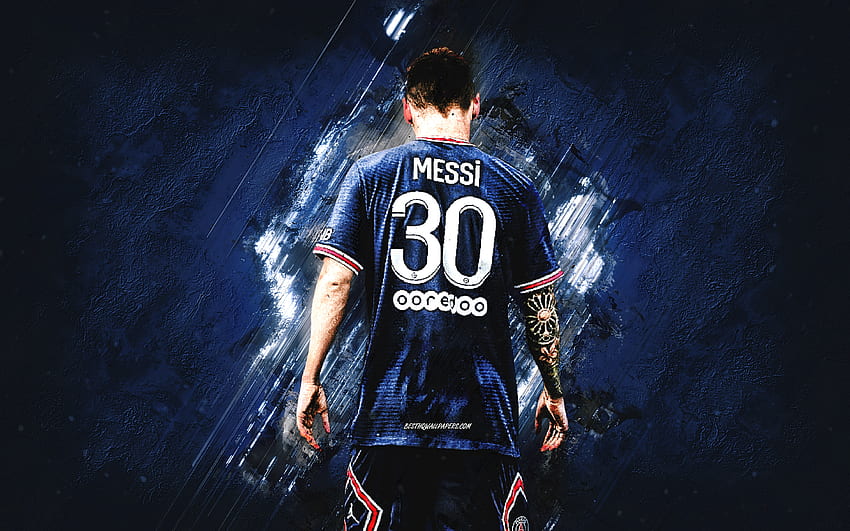 Lionel Messi, PSG, พื้นหลังหินสีน้ำเงิน, Paris Saint-Germain, Messi PSG, ศิลปะแบบกรันจ์, ฟุตบอล วอลล์เปเปอร์ HD