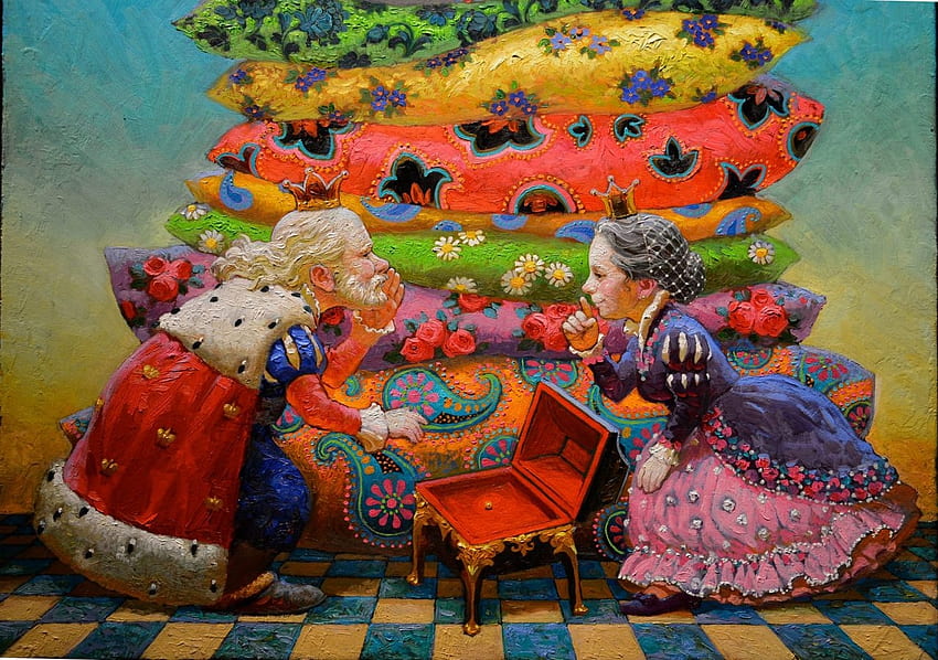a princesa e a ervilha, travesseiro, rainha, avó, colorido, arte, ilustração, fantasia, pintura, rei, avô, pictura, victor nizovtsev papel de parede HD