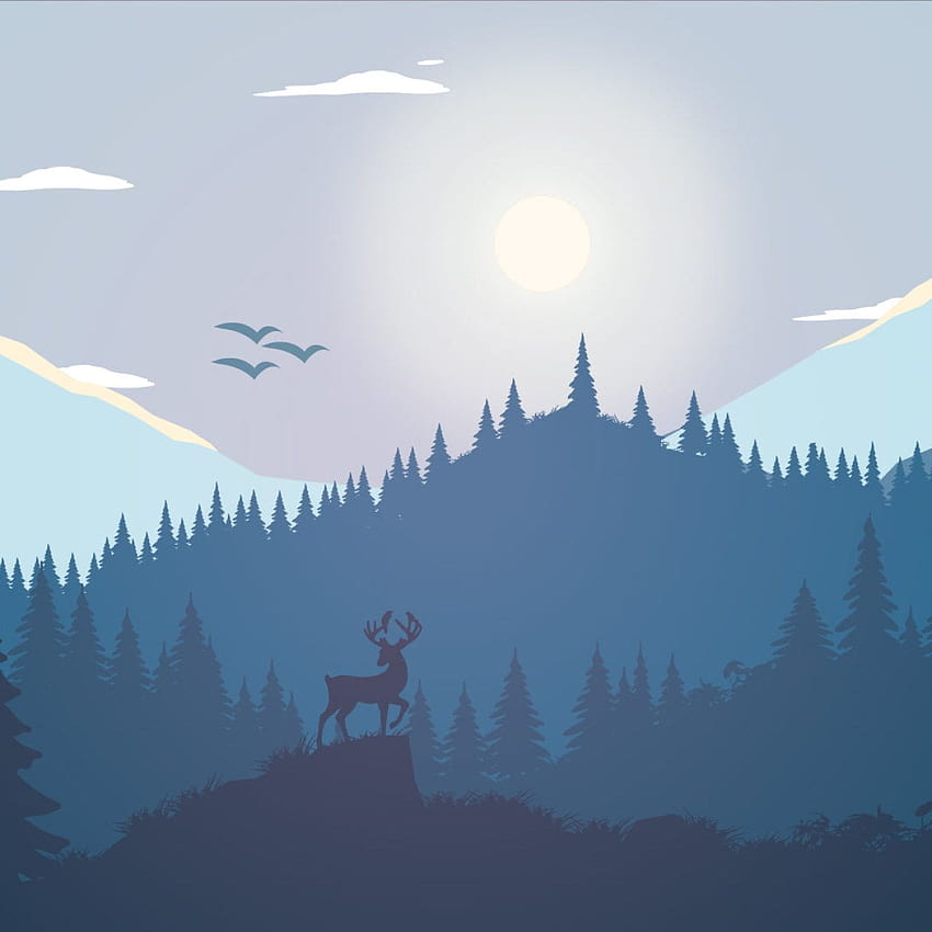 Deer on mountain , silhouette of trees under white sky illustration ...