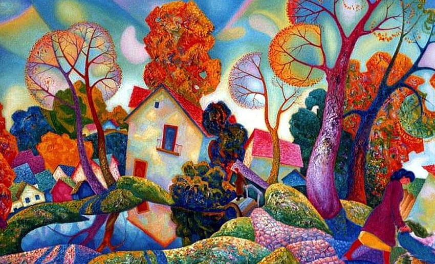 M.Chernyavsky. October in Bavaria, autunm, painting, art, m chernyavsky, village, tree HD wallpaper