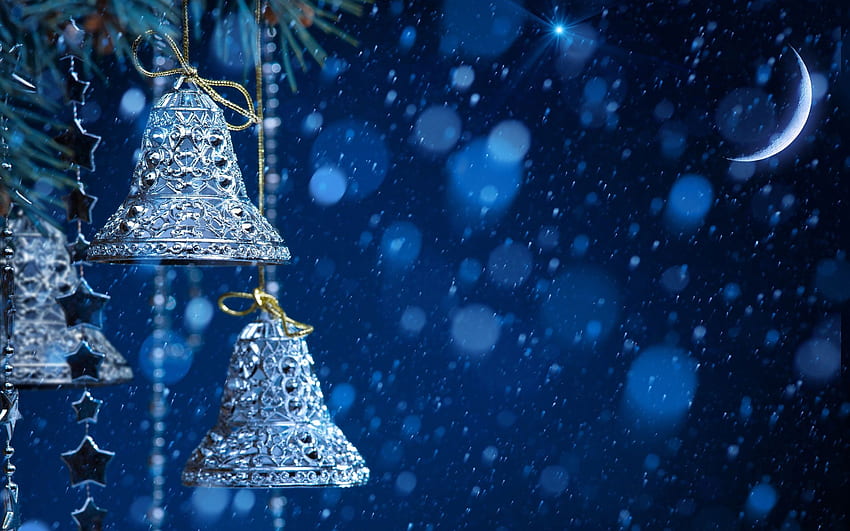 冬の夜、クリスマスの鐘、雪、月のワイドスクリーン 高画質の壁紙