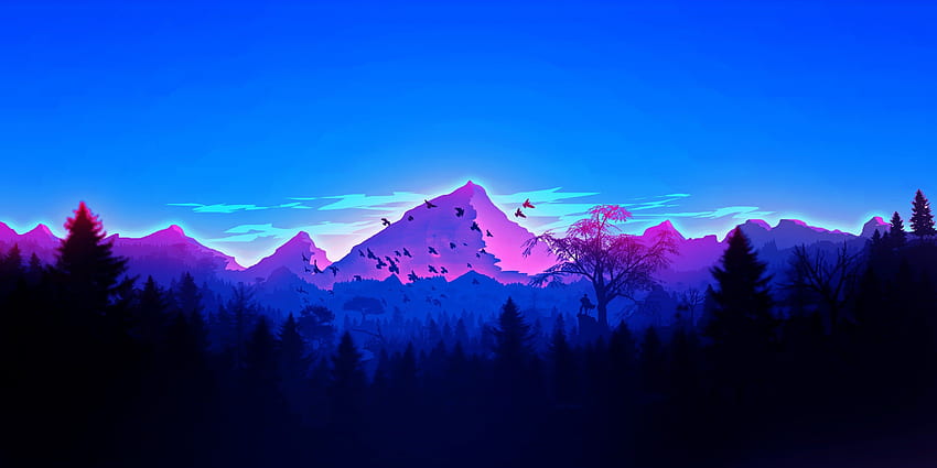 青いミニマリスト山脈。 ヴェイパーウェイヴ、ミニマリスト、フォレスト、ネオンパープルマウンテン 高画質の壁紙