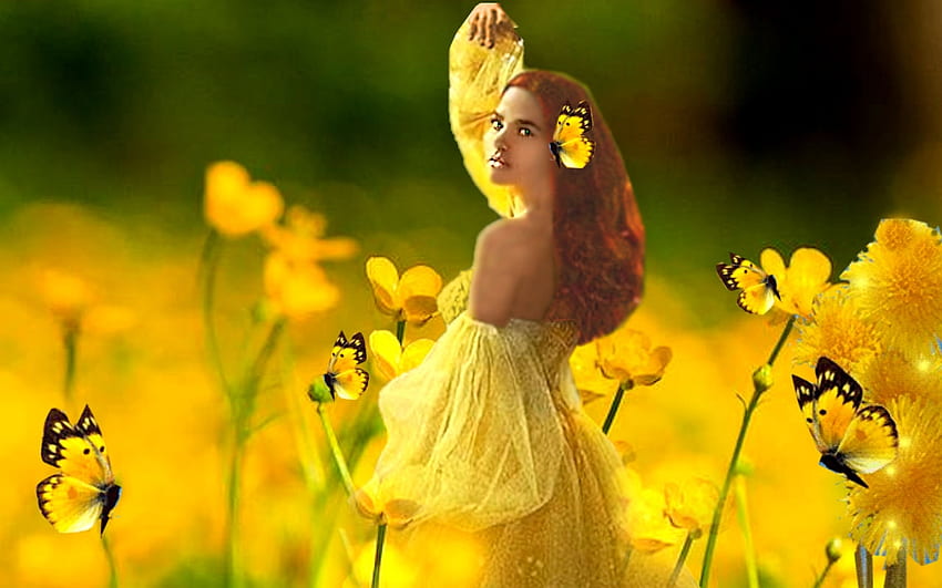 Joyful Dance, green, yellow, butterflies, red head, flowers, girl, dress HD wallpaper