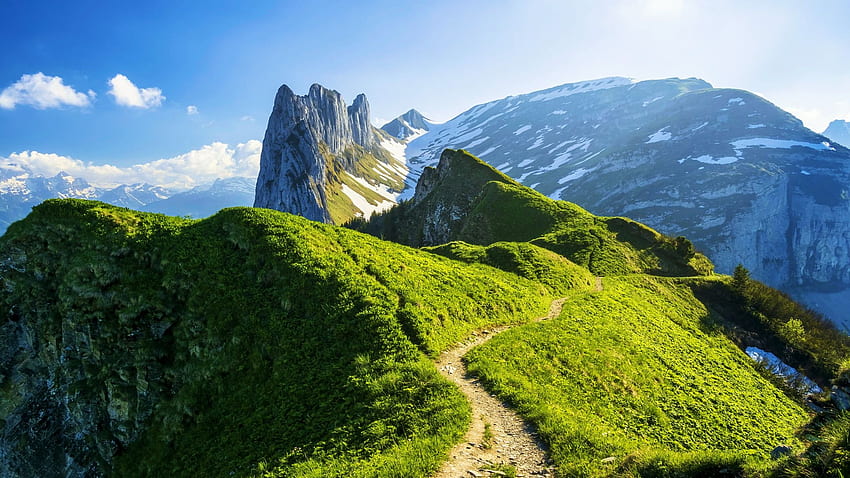 Like a crown - Appenzell Alps, Switzerland, sunshine, path, landscape, sky, rocks, alps HD wallpaper
