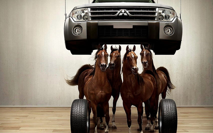 horse power, horses, creative, fun, car HD wallpaper