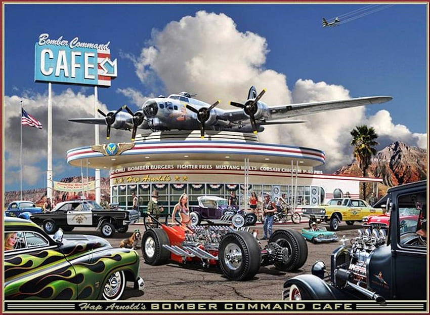 Bomber Command Cafe, militar, retro, café, autos, restaurante, aviones, policía, vintage fondo de pantalla