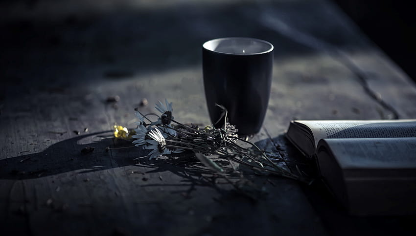 Cup of tea on the table with daisies and a book and - , , Dark Book HD wallpaper