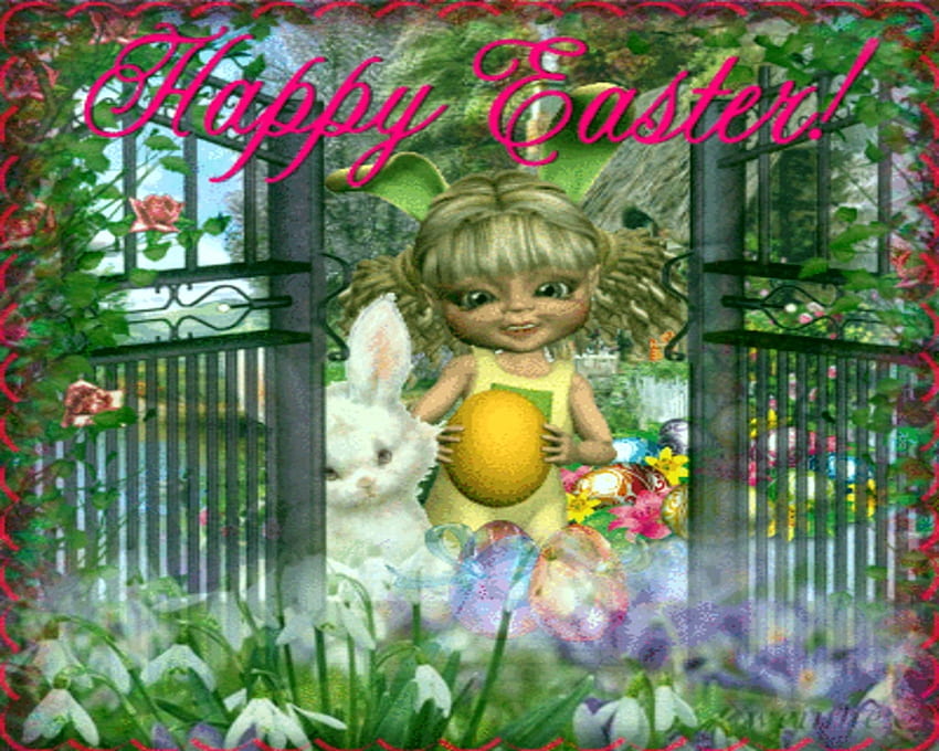 happy easter, dolls, doll, easter egg, framed, garden, easter HD wallpaper