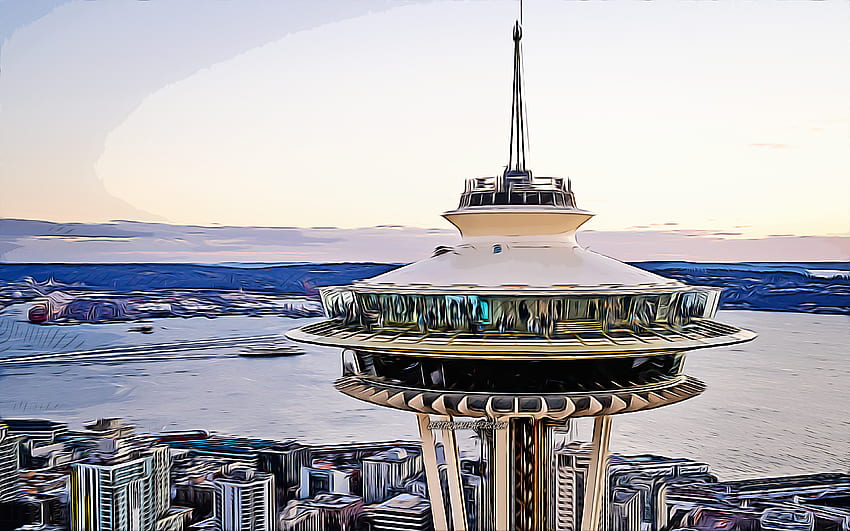 Space Needle, , abstract cityscapes, vector art, american landmarks, Seattle cityscape, creative, american tourist attractions, Seattle, USA, America, Space Needle HD wallpaper