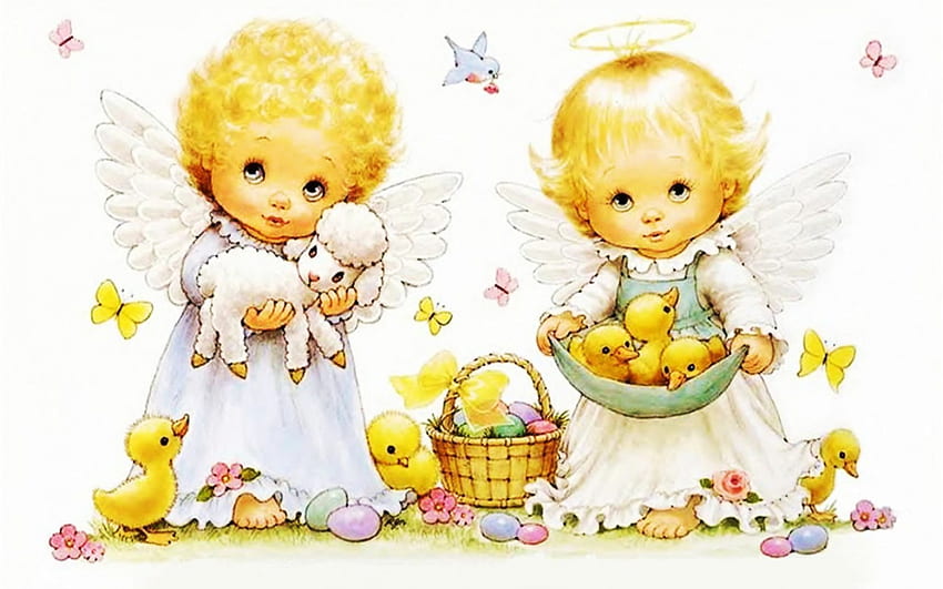 Easter Angels, artwork, chicks, festive, eggs, lamb HD wallpaper