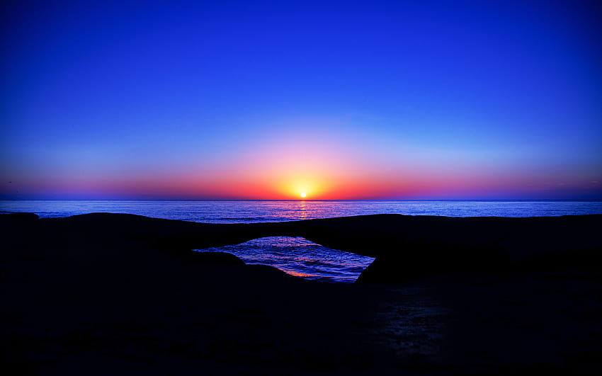 Pôr do sol, azul, linha do horizonte, horizonte, costa papel de parede HD
