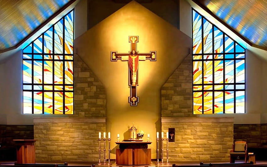 Church Altar, stained glass, church, Crucifix, altar HD wallpaper